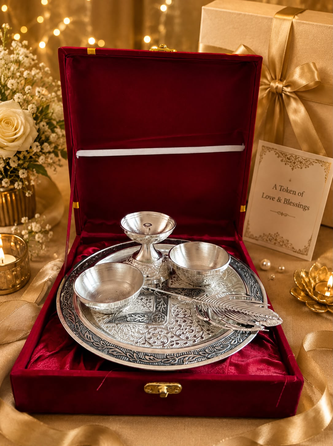 German Silver Antique Pooja Thali – Velvet Box Packing for Gift Purpose
