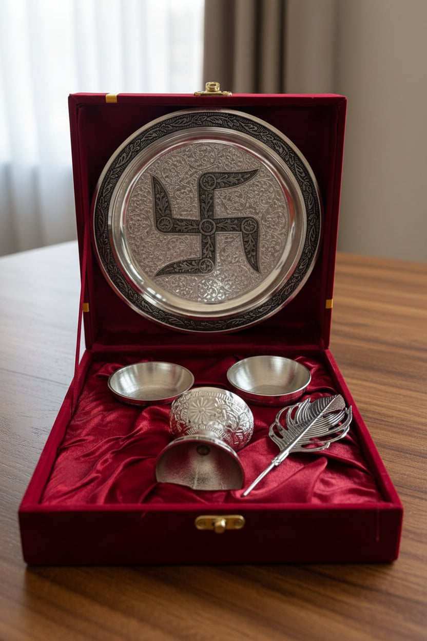 German Silver Antique Pooja Thali – Velvet Box Packing for Gift Purpose
