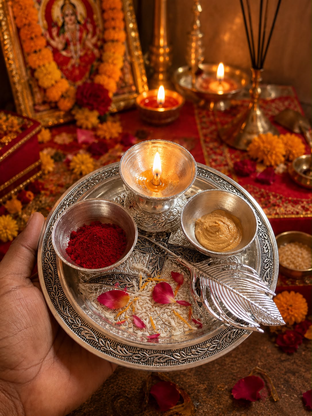 German Silver Antique Pooja Thali – Velvet Box Packing for Gift Purpose