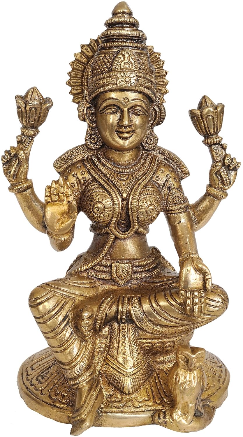 Brass Goddess Lakshmi with Owl (6.5 Inch, Gold) Statue Idol