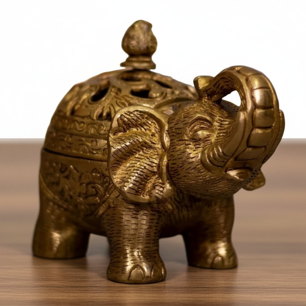 Pure Brass Elephant Incense Burner with Handle – Handcrafted Dhoop Dan