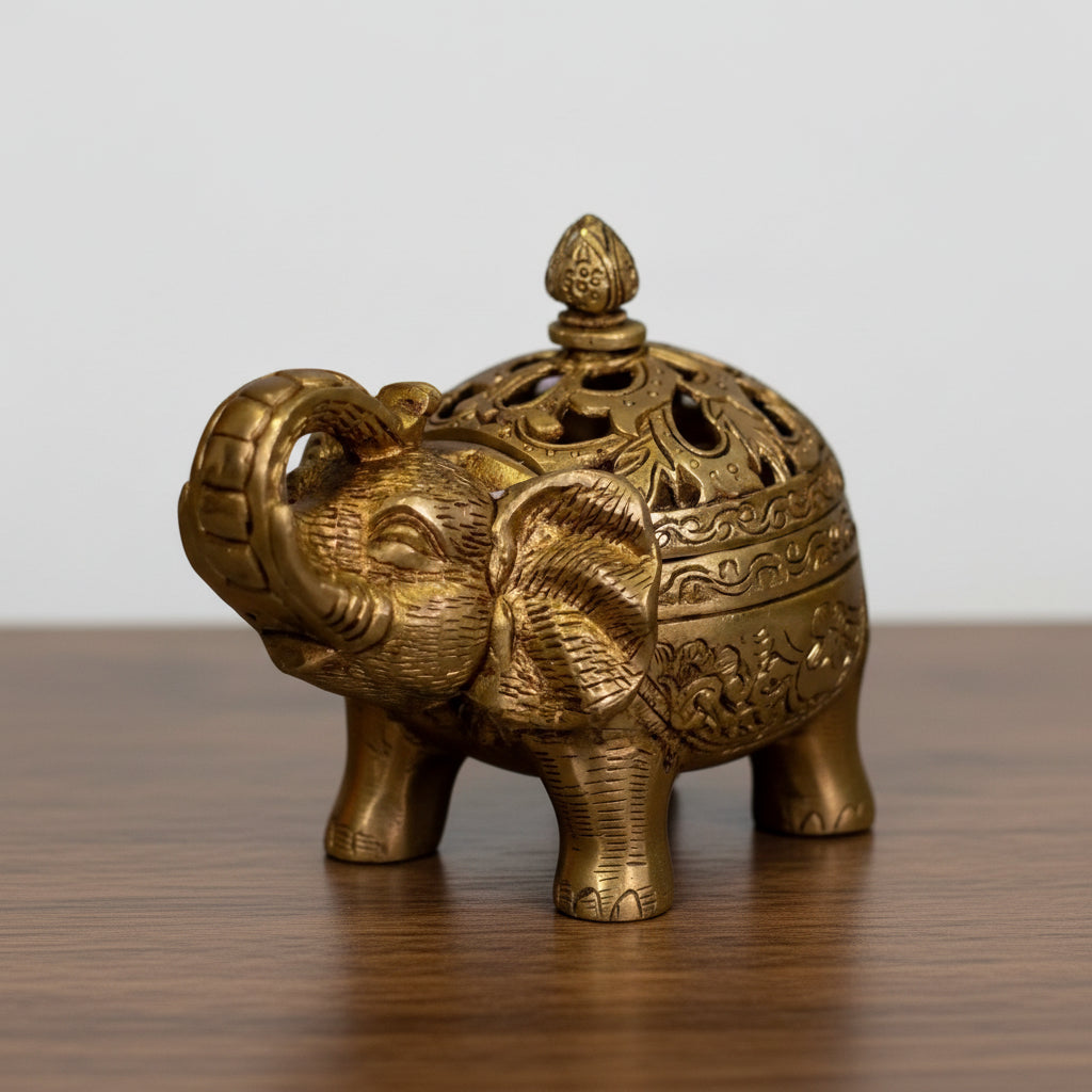 Pure Brass Elephant Incense Burner with Handle – Handcrafted Dhoop Dan