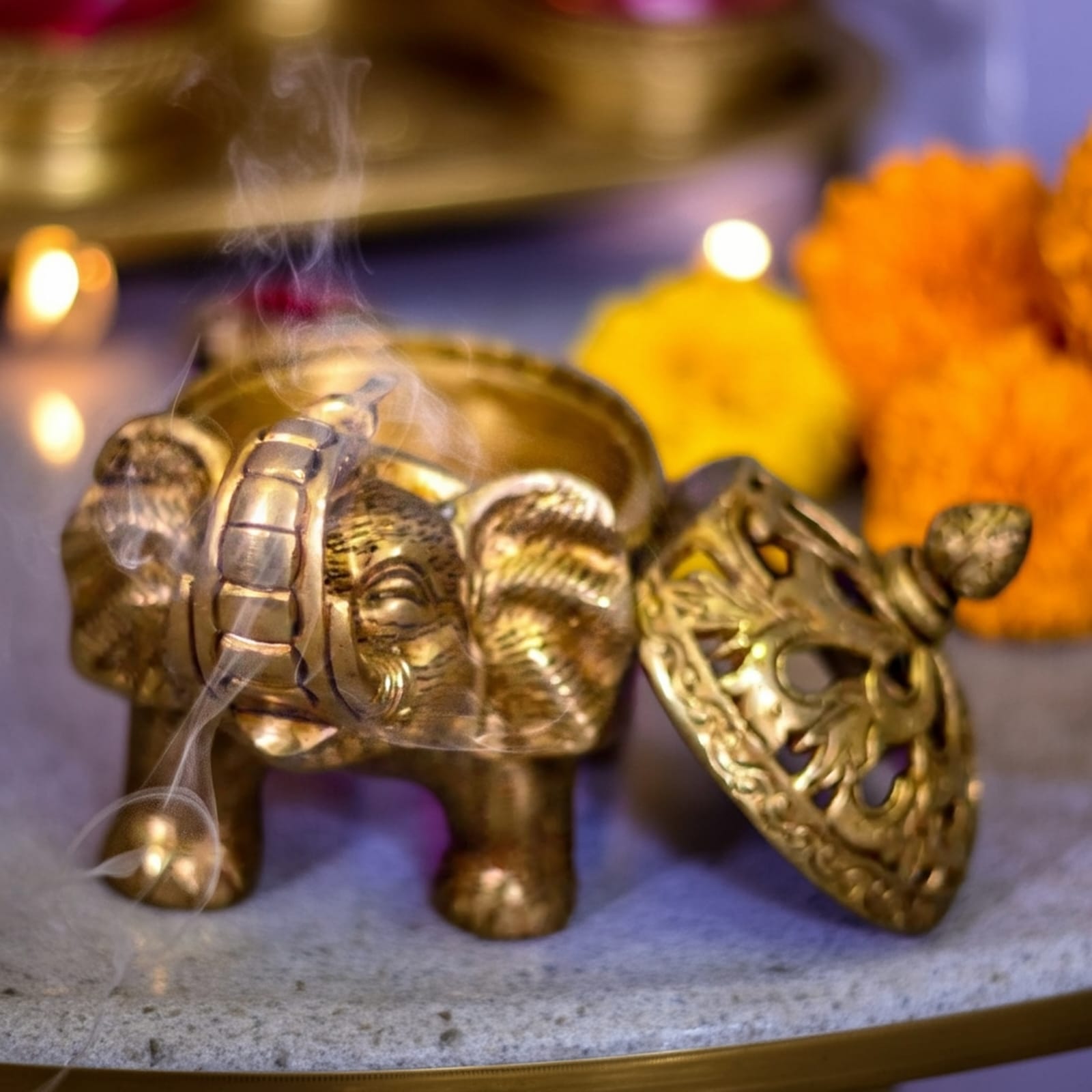 Pure Brass Elephant Incense Burner with Handle – Handcrafted Dhoop Dan