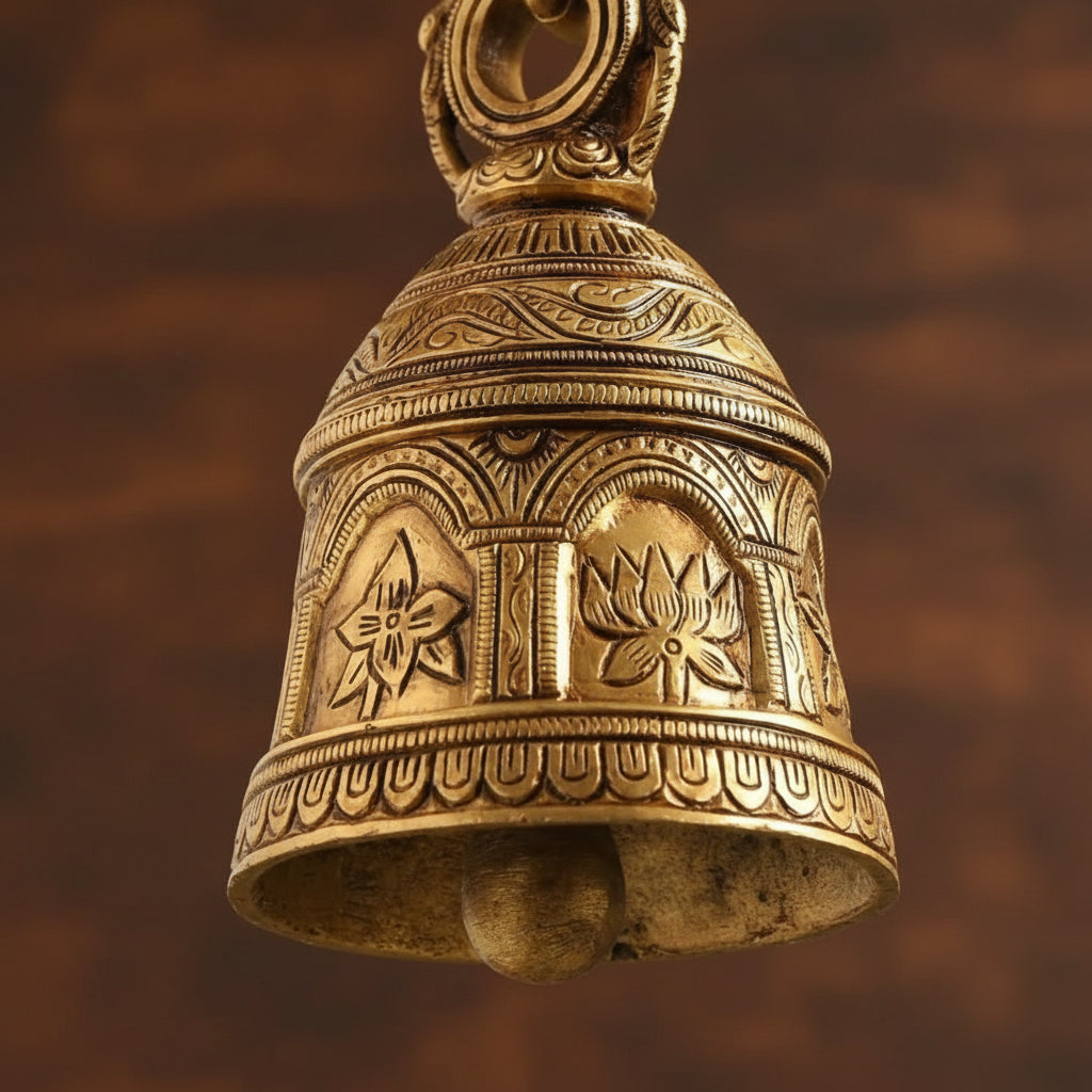 Handcrafted Brass Hanging Bell with Floral Engraving – Vintage Home Temple Décor