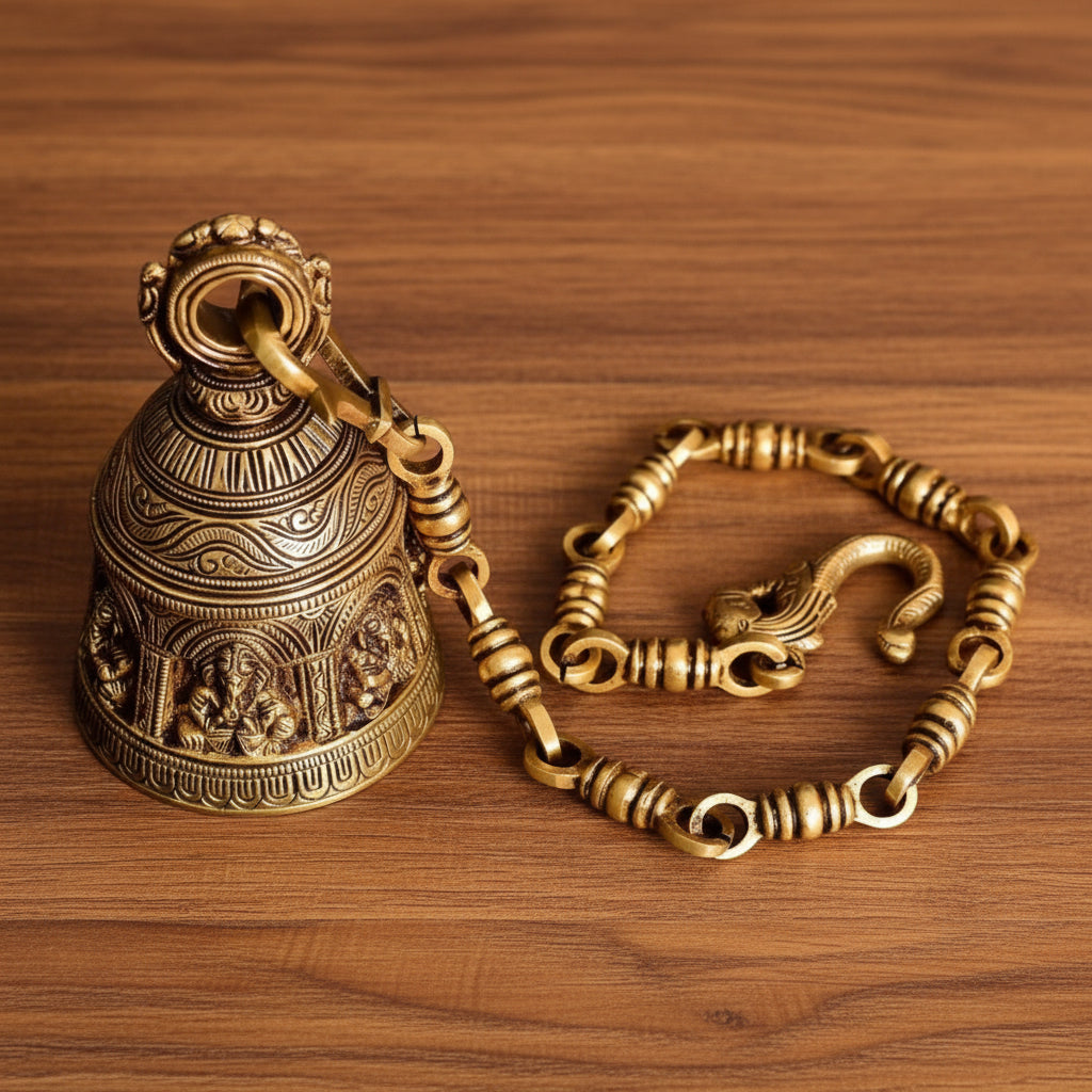 Handcrafted Brass Hanging Bell with ganesh Engraving – Vintage Home Temple Décor