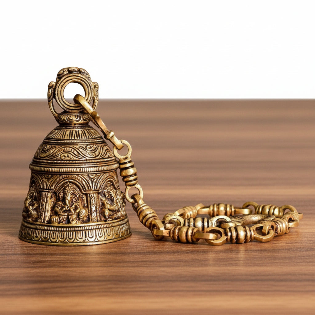 Handcrafted Brass Hanging Bell with ganesh Engraving – Vintage Home Temple Décor