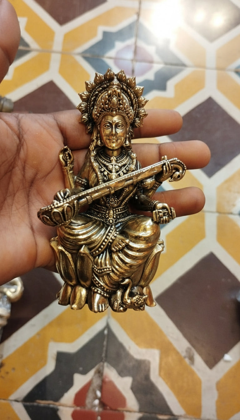Handcrafted Brass Saraswati Idol – Goddess of Wisdom & Arts for Home Temple, Study Room & Festive Décor