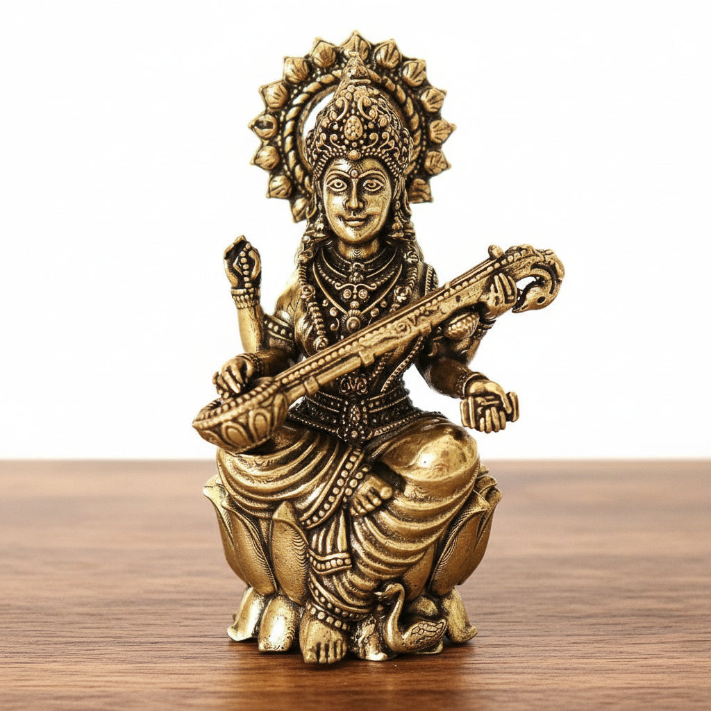 Handcrafted Brass Saraswati Idol – Goddess of Wisdom & Arts for Home Temple, Study Room & Festive Décor