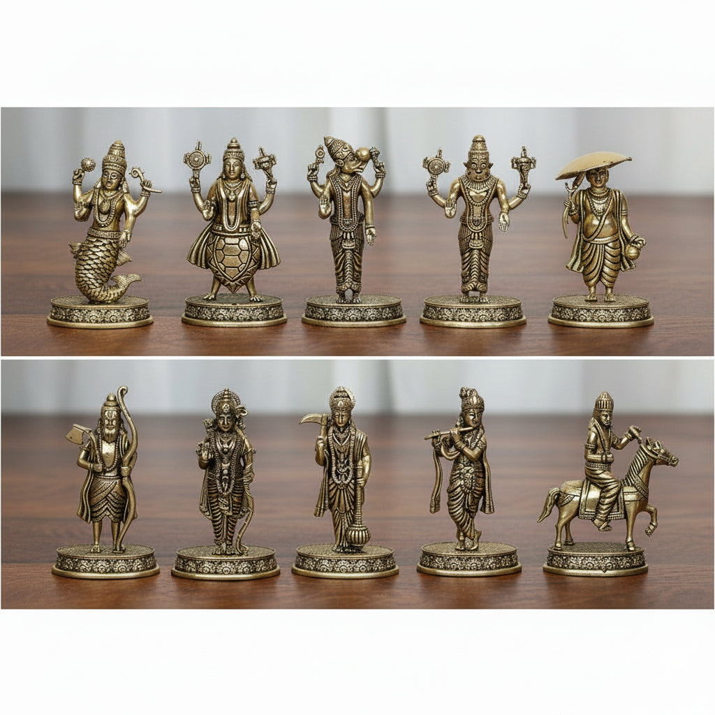 Handcrafted Brass Dasavatar Set of 10 – Vishnu’s Ten Divine Incarnations for Home Temple