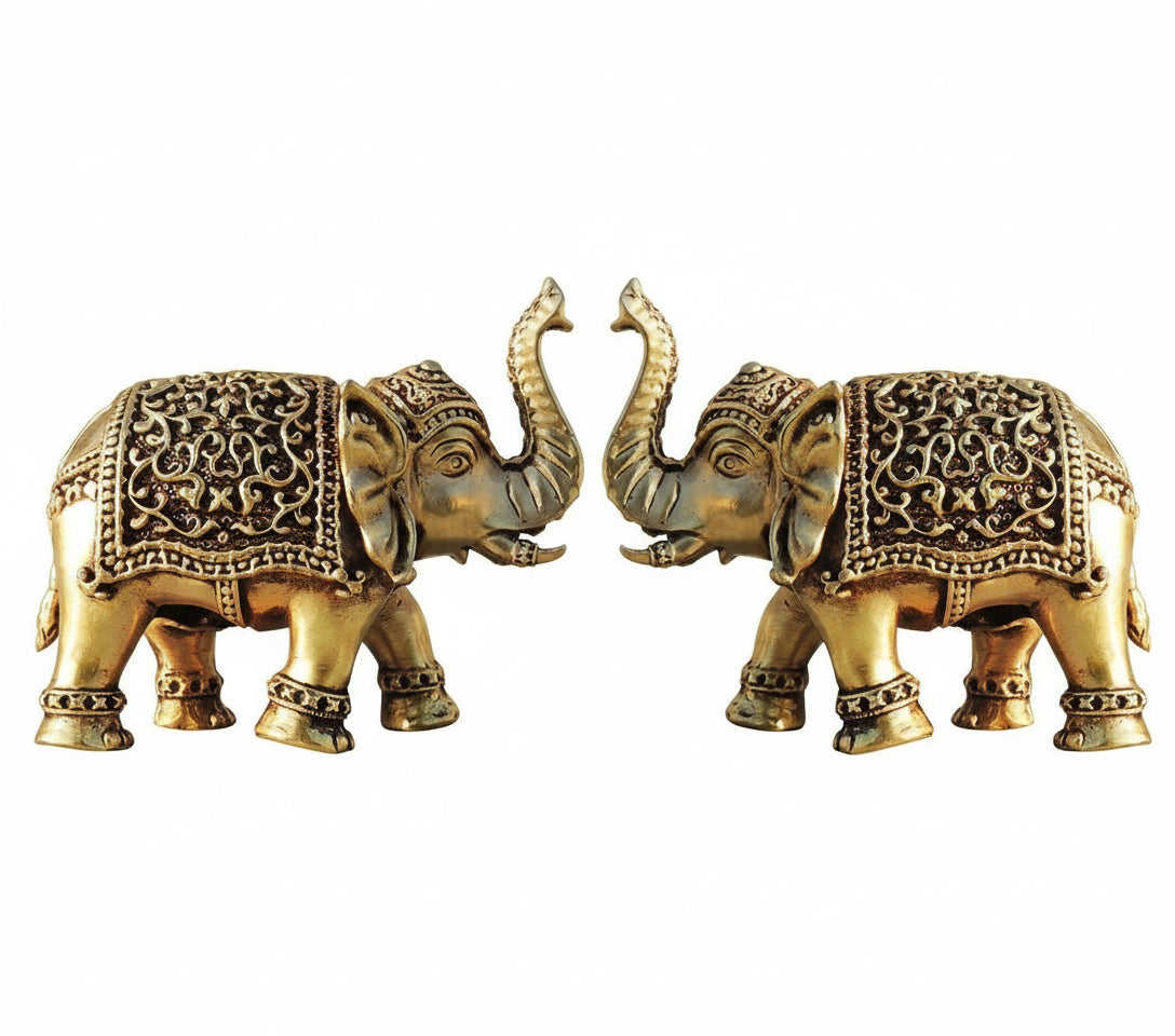 Set of 2 Brass Elephant Statues – Handcrafted Vastu Showpieces for Home Décor