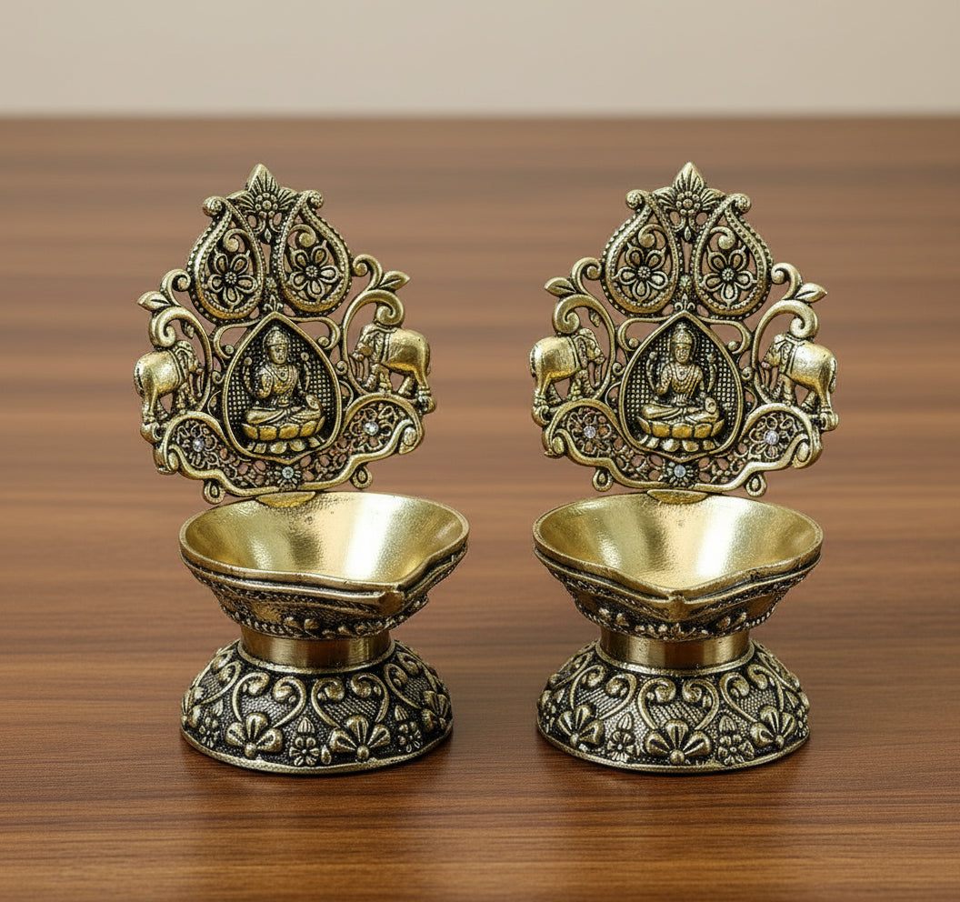 Set of 2 Brass Lakshmi Diyas – Handcrafted Goddess Lamps for Diwali Pooja