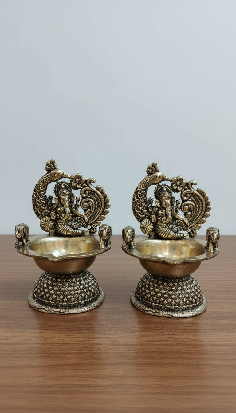 Set of 2 Brass Ganesha Diyas – Handcrafted Auspicious Lamps for Diwali Pooja