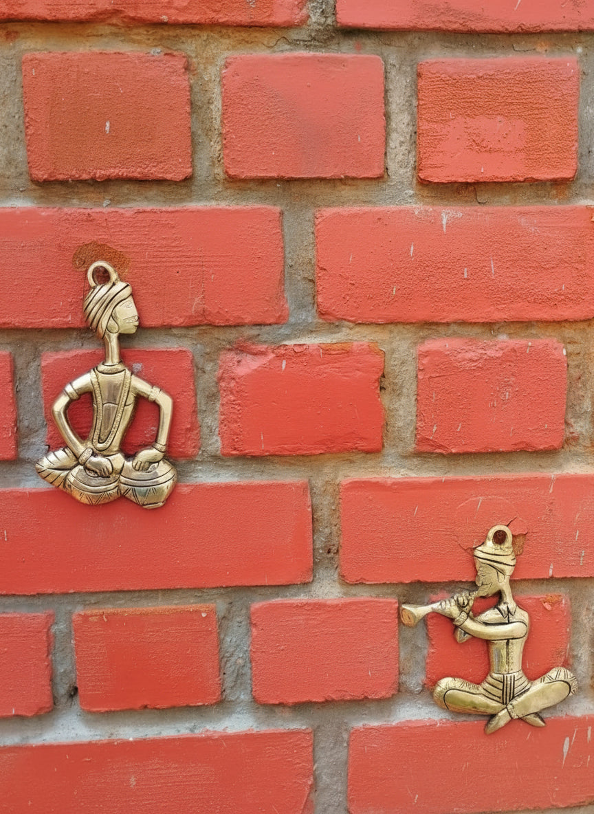 Handcrafted Brass Musician Duo – Set of 2 Traditional Men Playing Instruments wall hanging for Ethnic Home Décor