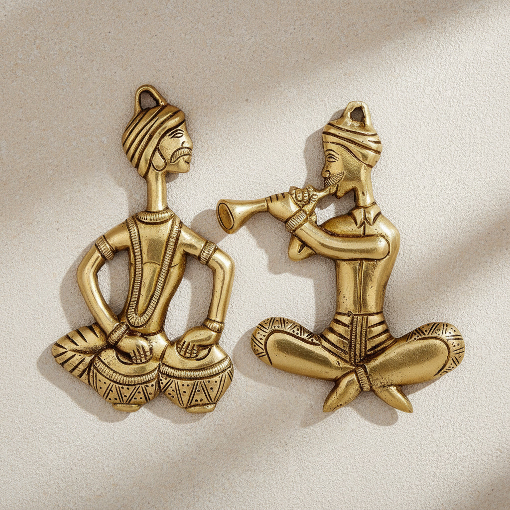 Handcrafted Brass Musician Duo – Set of 2 Traditional Men Playing Instruments wall hanging for Ethnic Home Décor
