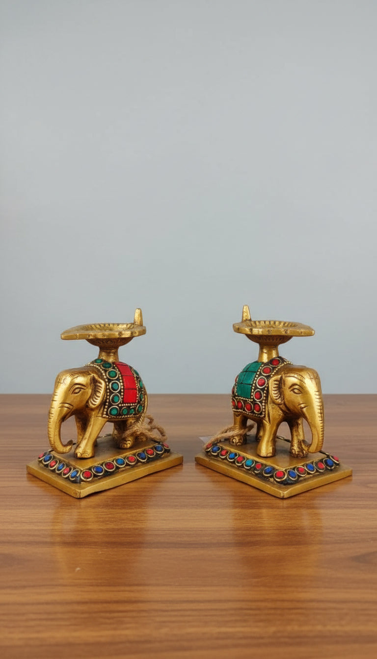 Set of 2 Brass Elephant Lamps with Stonework – Handcrafted Diya Holders