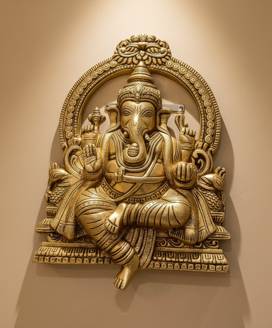 Handcrafted Brass Ganesh Wall Hanging – Auspicious Vighnaharta Plaque for Home Temple
