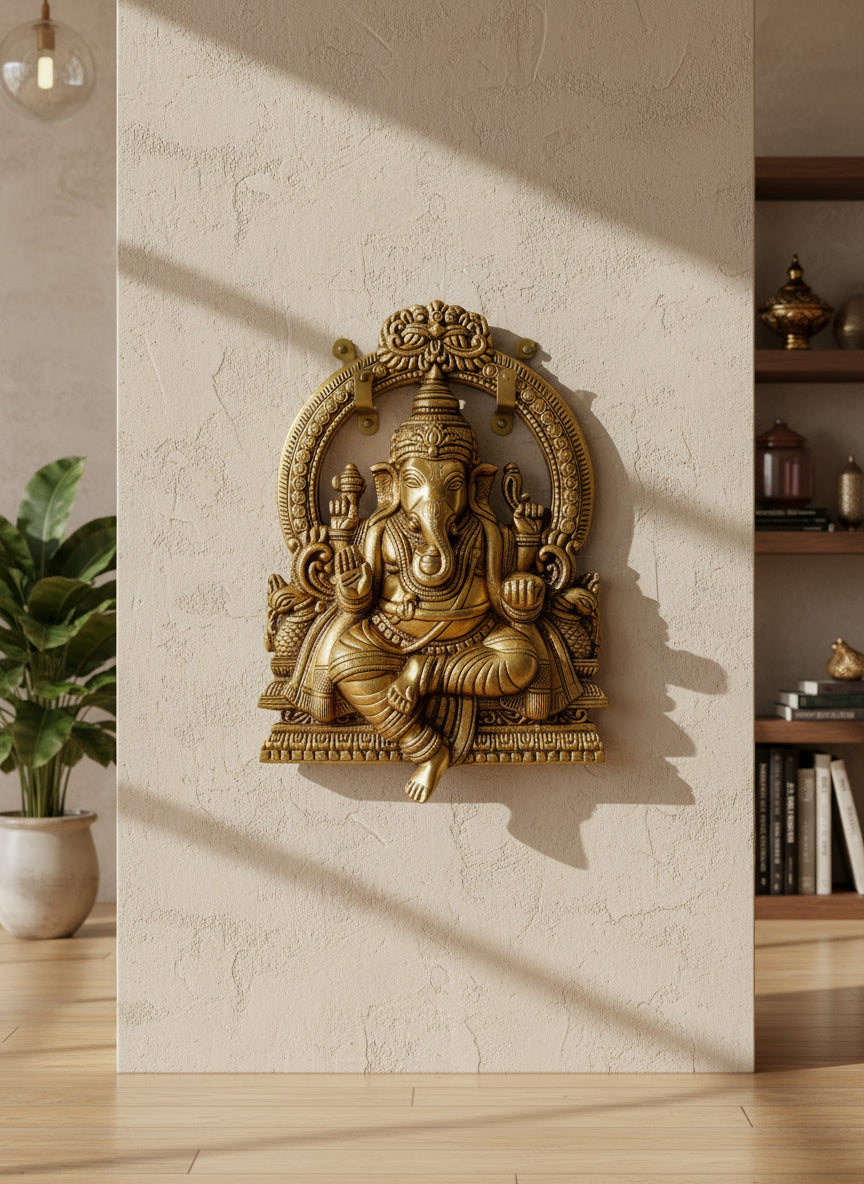 Handcrafted Brass Ganesh Wall Hanging – Auspicious Vighnaharta Plaque for Home Temple