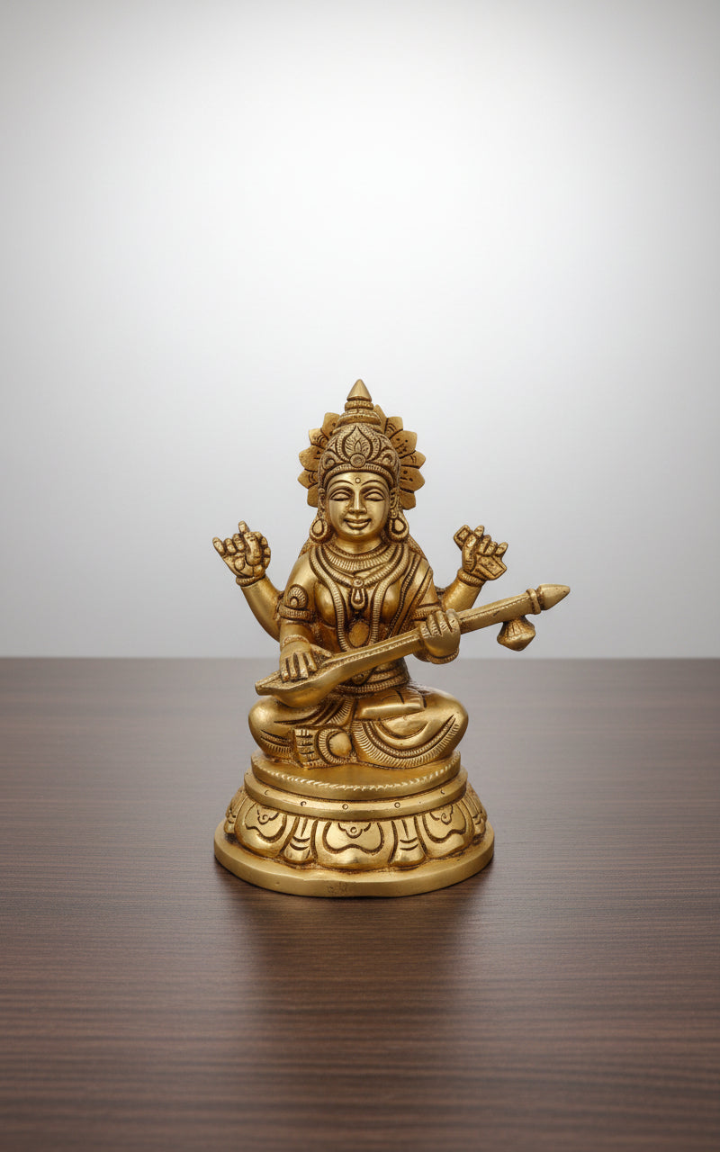 Handcrafted Brass Saraswati Idol – Goddess of Wisdom, Music & Learning