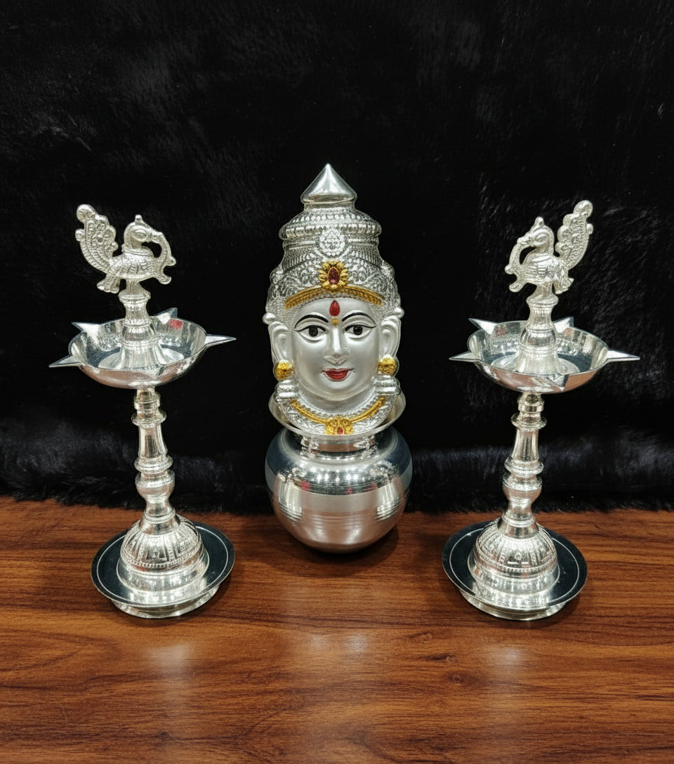 pure Silver-Plated Lakshmi Mukut Set with Kalash & 2 Peacock Diyas – Auspicious Pooja Décor for Diwali & Housewarming