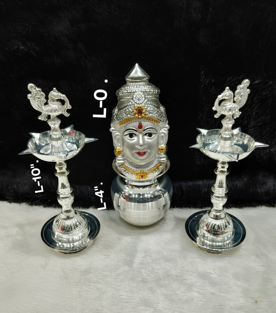 pure Silver-Plated Lakshmi Mukut Set with Kalash & 2 Peacock Diyas – Auspicious Pooja Décor for Diwali & Housewarming