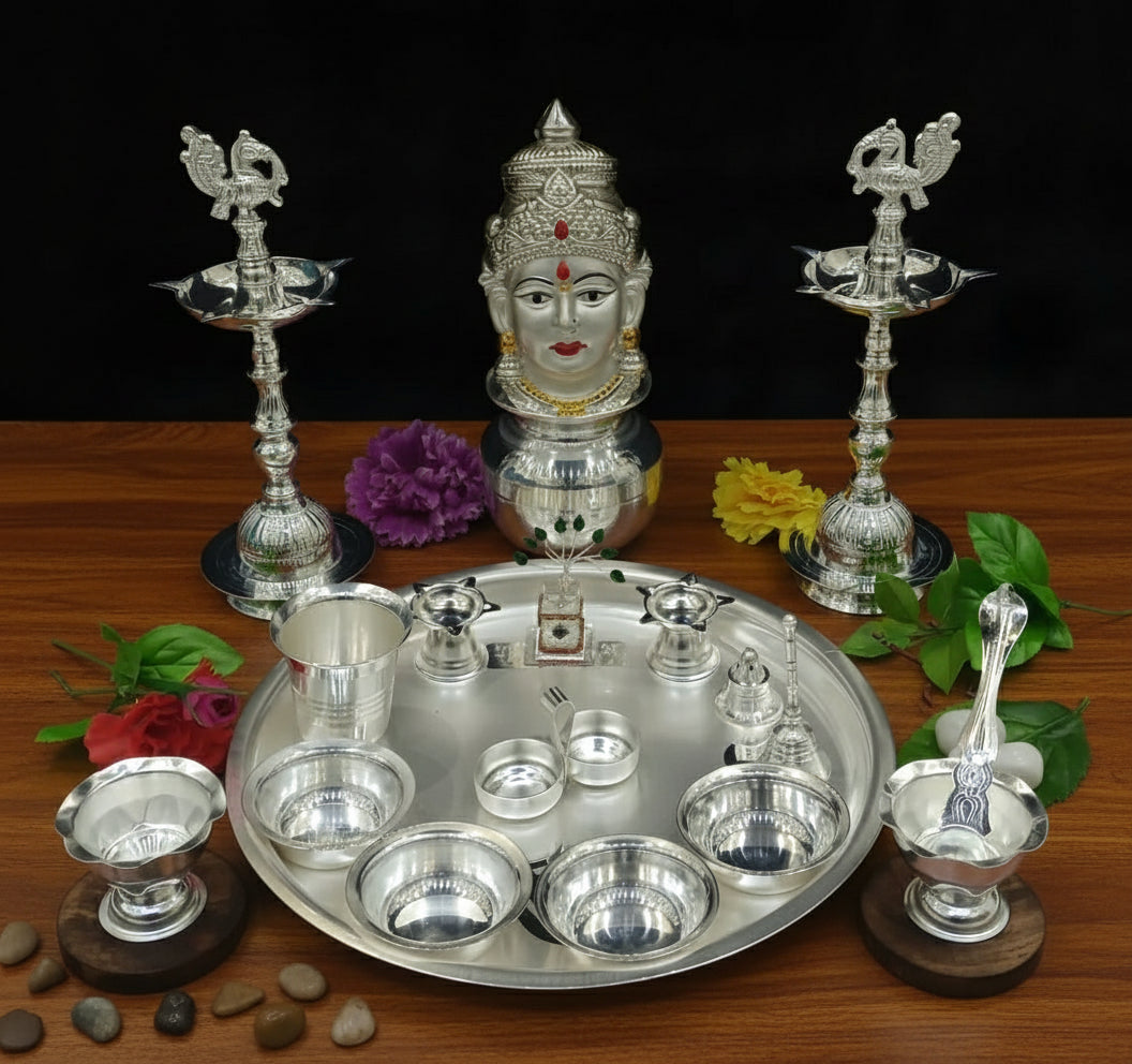 Pure Silver-Plated Pooja Thali Set – 19-Piece Complete Combo for Diwali, Housewarming & Traditional Rituals