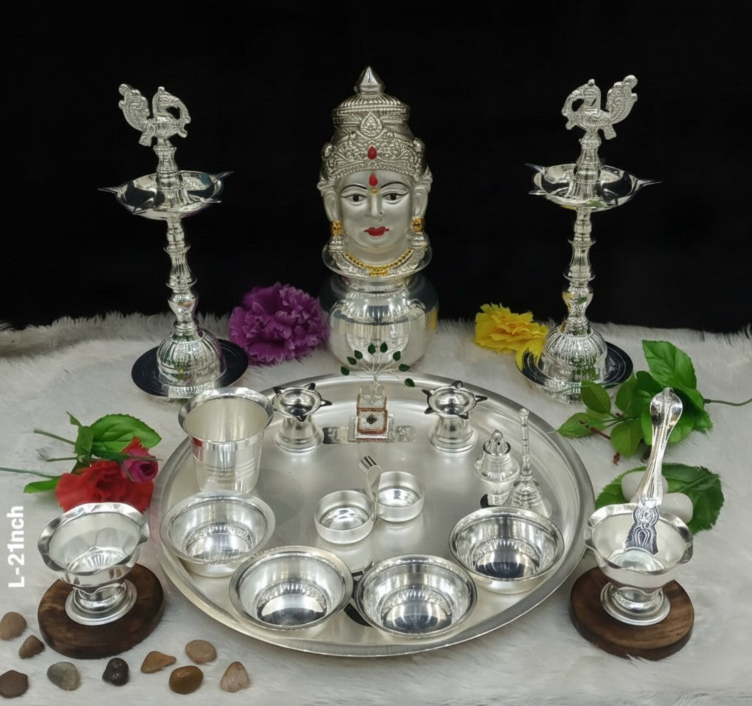 Pure Silver-Plated Pooja Thali Set – 19-Piece Complete Combo for Diwali, Housewarming & Traditional Rituals
