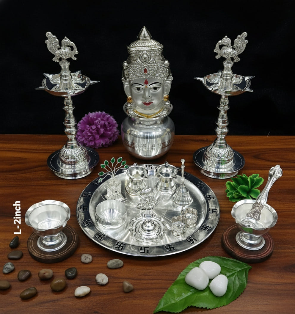 Pure Silver-Plated Pooja Thali Set – 16-Piece Complete Combo for Diwali, Housewarming & Traditional Rituals