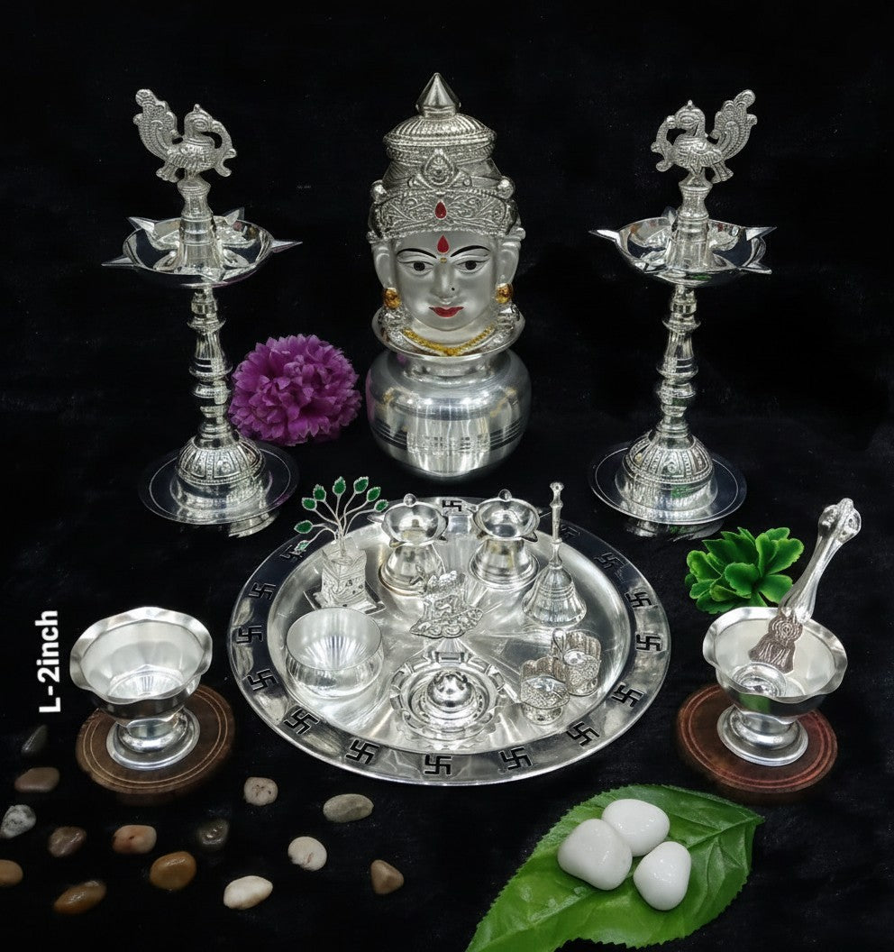 Pure Silver-Plated Pooja Thali Set – 16-Piece Complete Combo for Diwali, Housewarming & Traditional Rituals