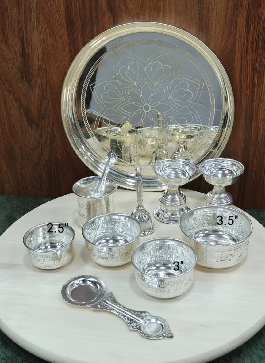 German Silver Pooja Thali Set – 10-Piece Traditional Combo for Diwali, Housewarming & Daily Rituals