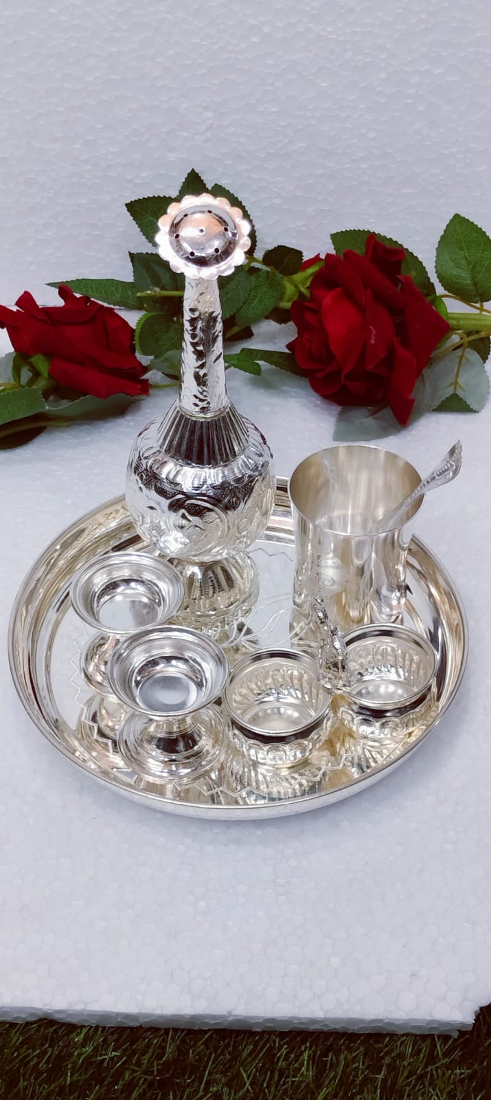 German Silver Engraved Pooja Set with Rose Water Dispenser