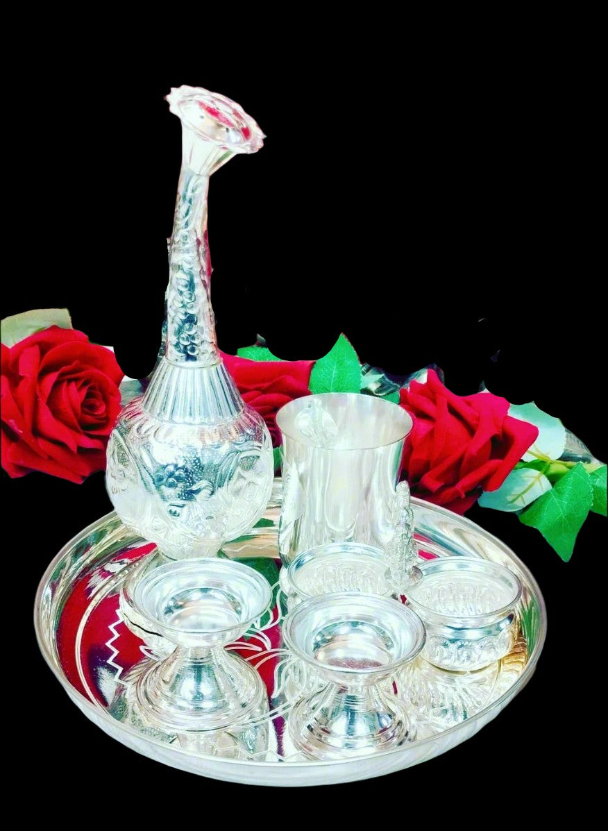 German Silver Engraved Pooja Set with Rose Water Dispenser