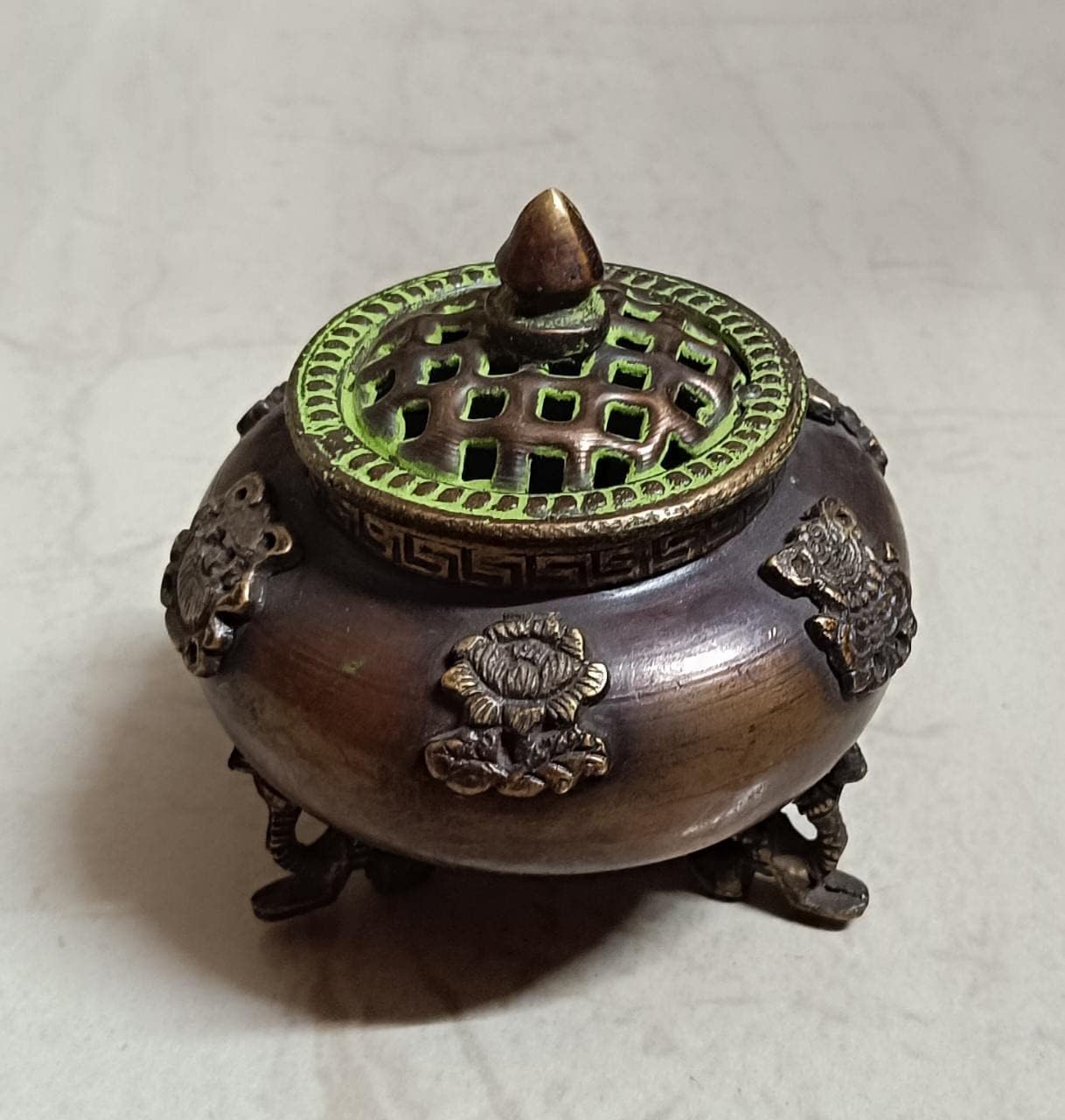 a beautiful brass brown and green color incense holder/ dhoopdaan/ home décor/ diwali