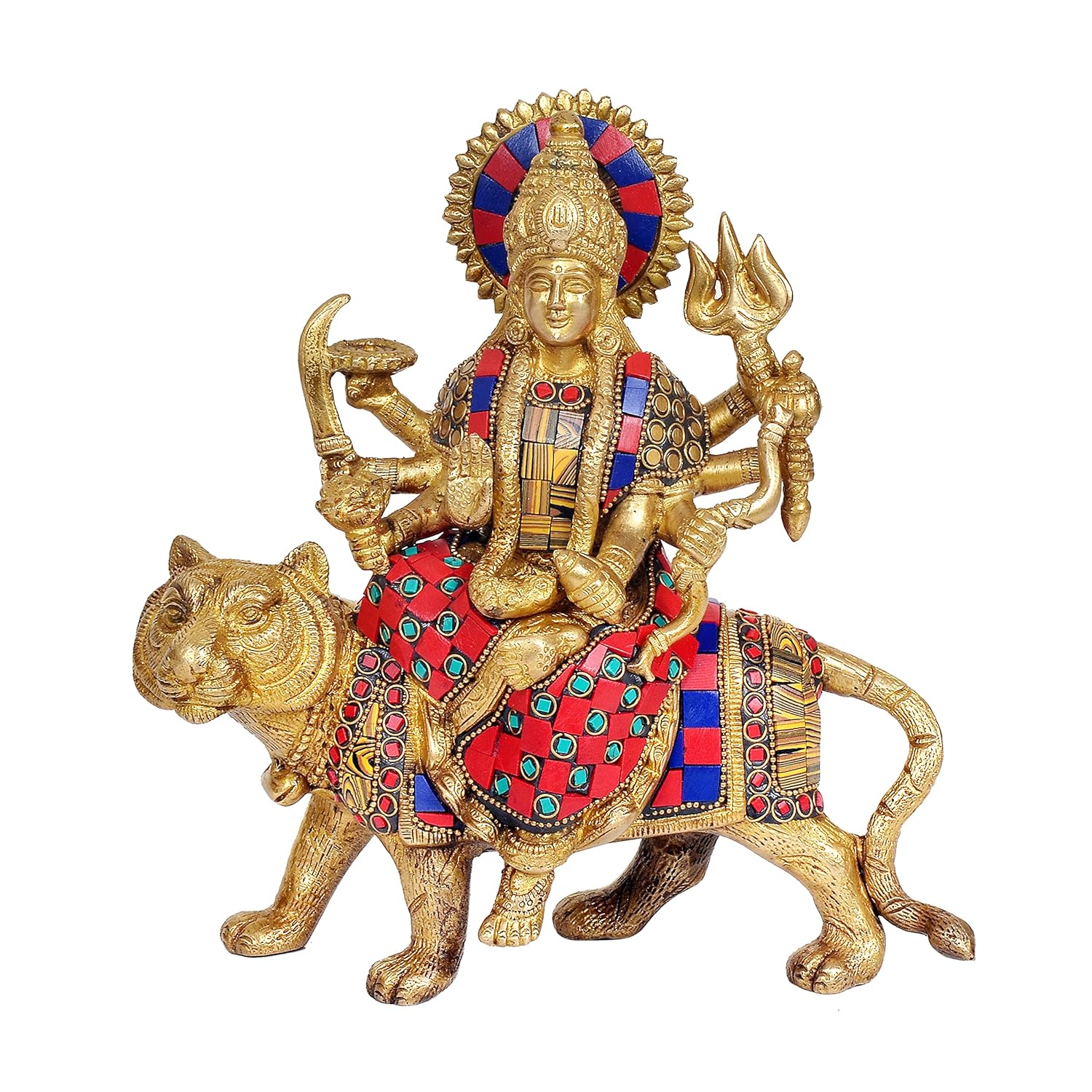 Brass with Stone Work Colorful Goddess Durga Statue Sitting on Lion Idol
