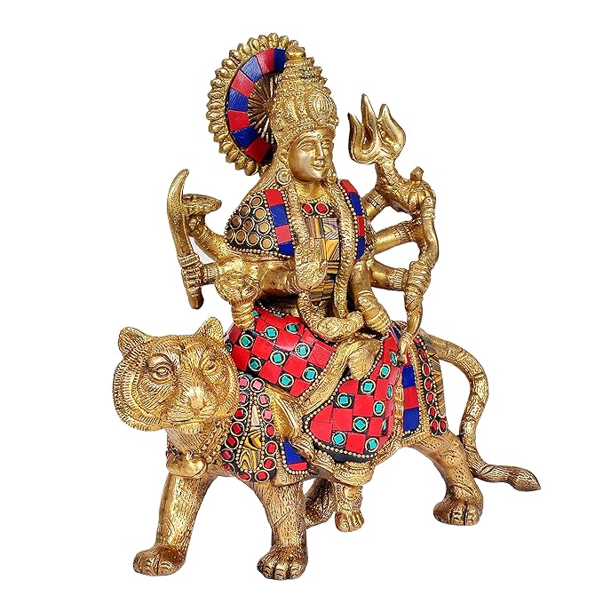 Brass with Stone Work Colorful Goddess Durga Statue Sitting on Lion Idol