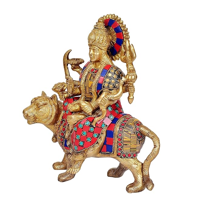 Brass with Stone Work Colorful Goddess Durga Statue Sitting on Lion Idol