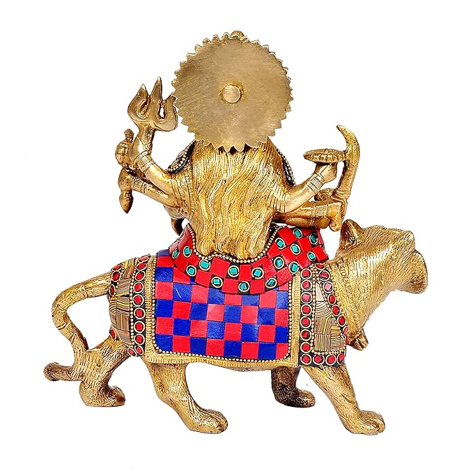 Brass with Stone Work Colorful Goddess Durga Statue Sitting on Lion Idol