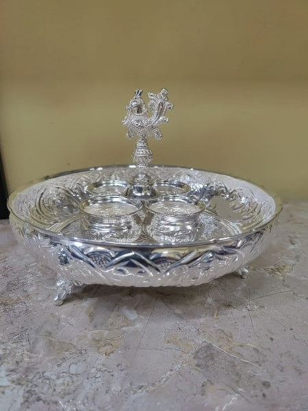 German Silver ashthalakshmi Tray with Kumkum Bowl Set/Pooja thali Set