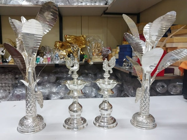 pure German silver banana tree with peacock Diya combo set