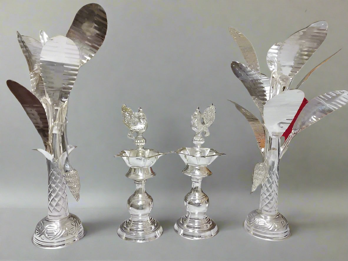 pure German silver banana tree with peacock Diya combo set