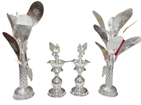 pure German silver banana tree with peacock Diya combo set