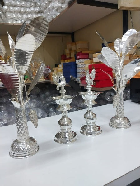 pure German silver banana tree with peacock Diya combo set