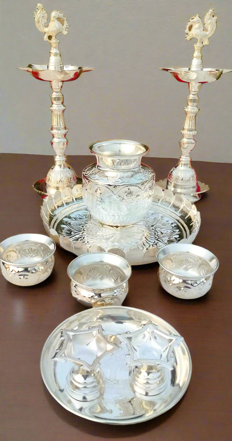 german silver pooja thali set of 10 pieces for housewarming pooja/ diwali pooja
