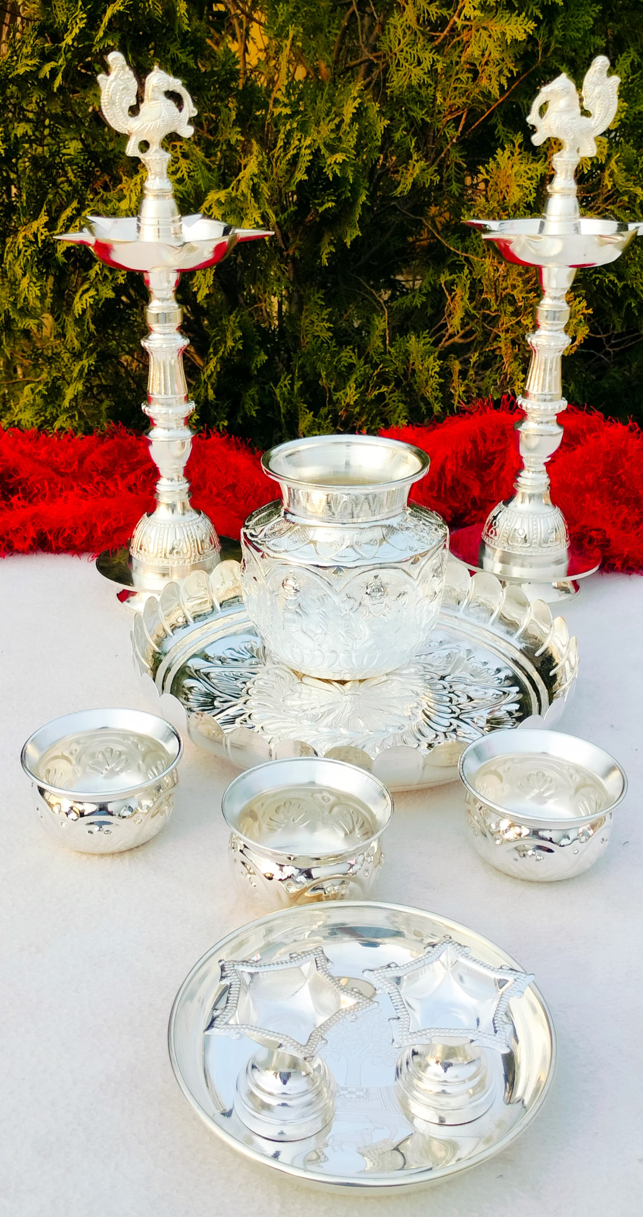 german silver pooja thali set of 10 pieces for housewarming pooja/ diwali pooja
