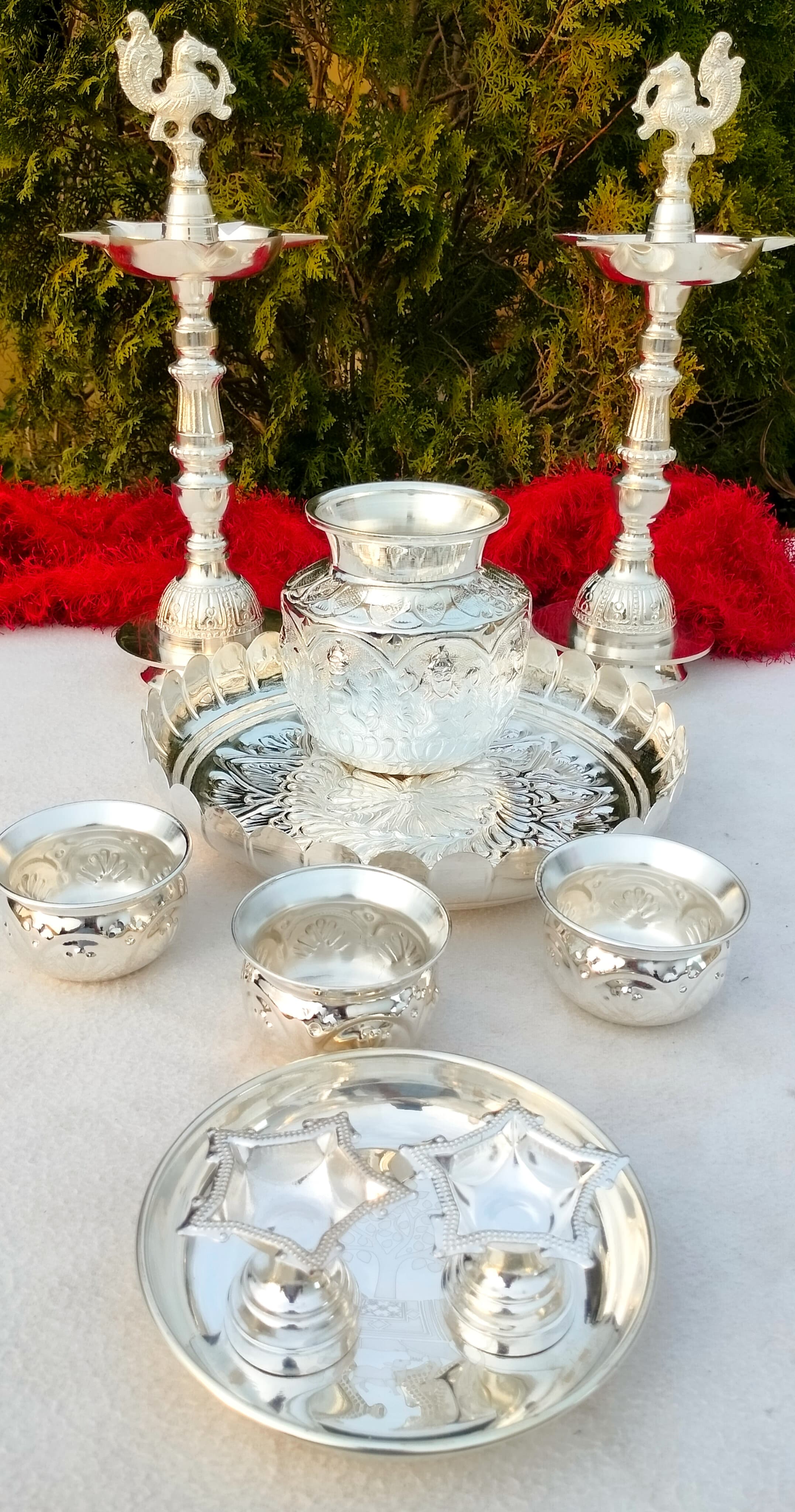 german silver pooja thali set of 10 pieces for housewarming pooja/ diwali pooja