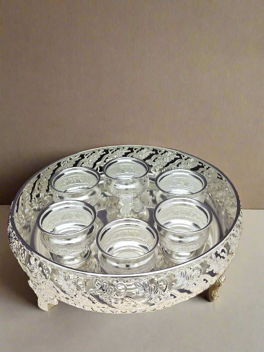 german silver tray with 6 bowls for snacks/ fruits/ housewarming pooja
