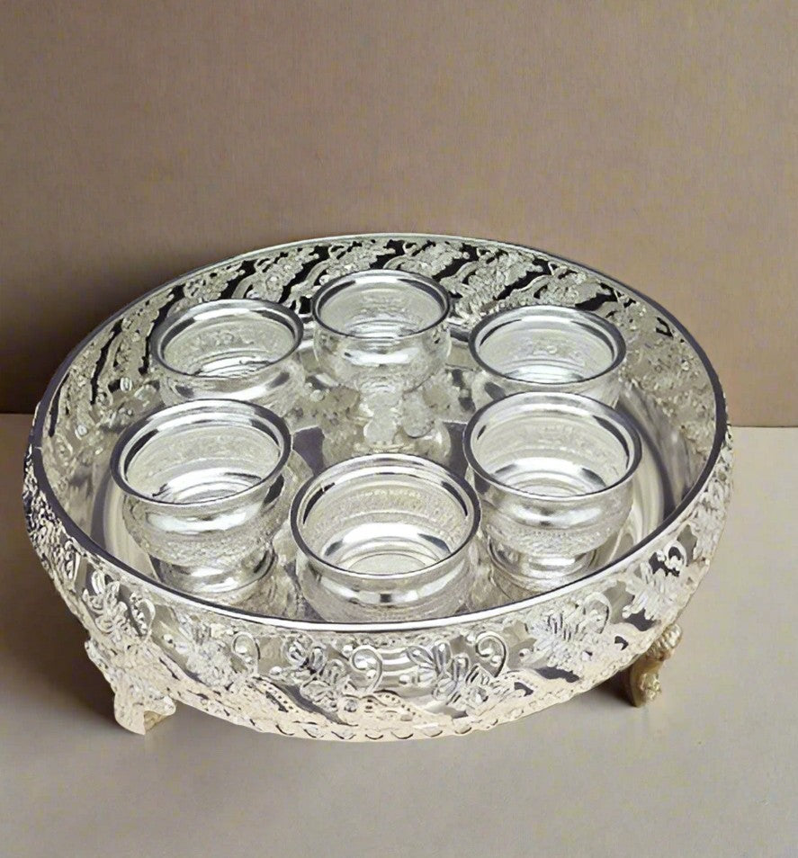 german silver tray with 6 bowls for snacks/ fruits/ housewarming pooja