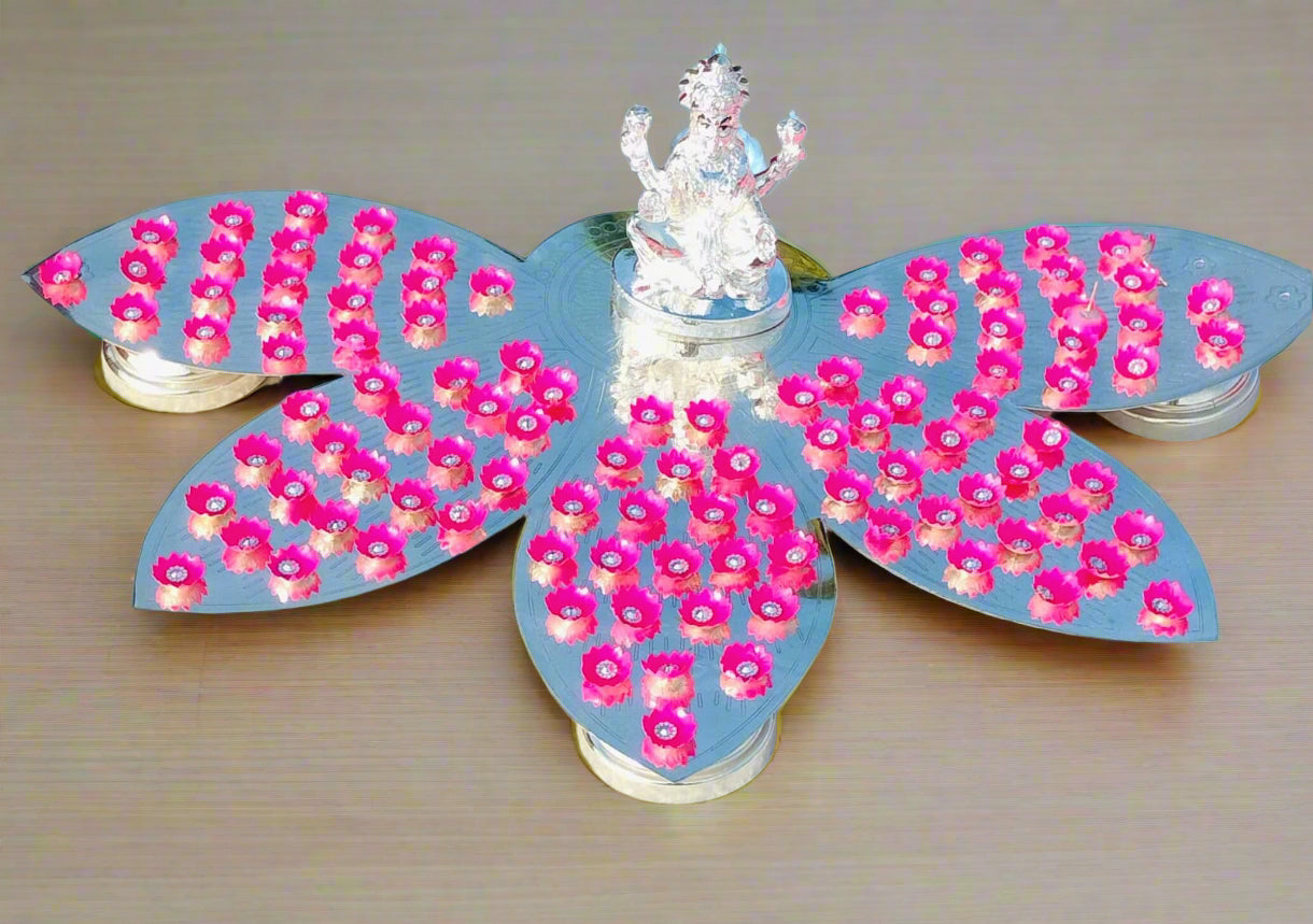 German silver Lotus Petal design Ashtotram stand with 108 pink lotus flower and lakshmi idol