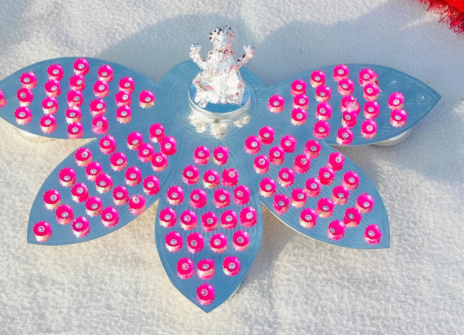 German silver Lotus Petal design Ashtotram stand with 108 pink lotus flower and lakshmi idol