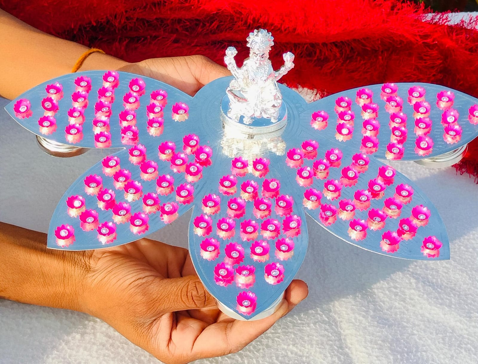 German silver Lotus Petal design Ashtotram stand with 108 pink lotus flower and lakshmi idol