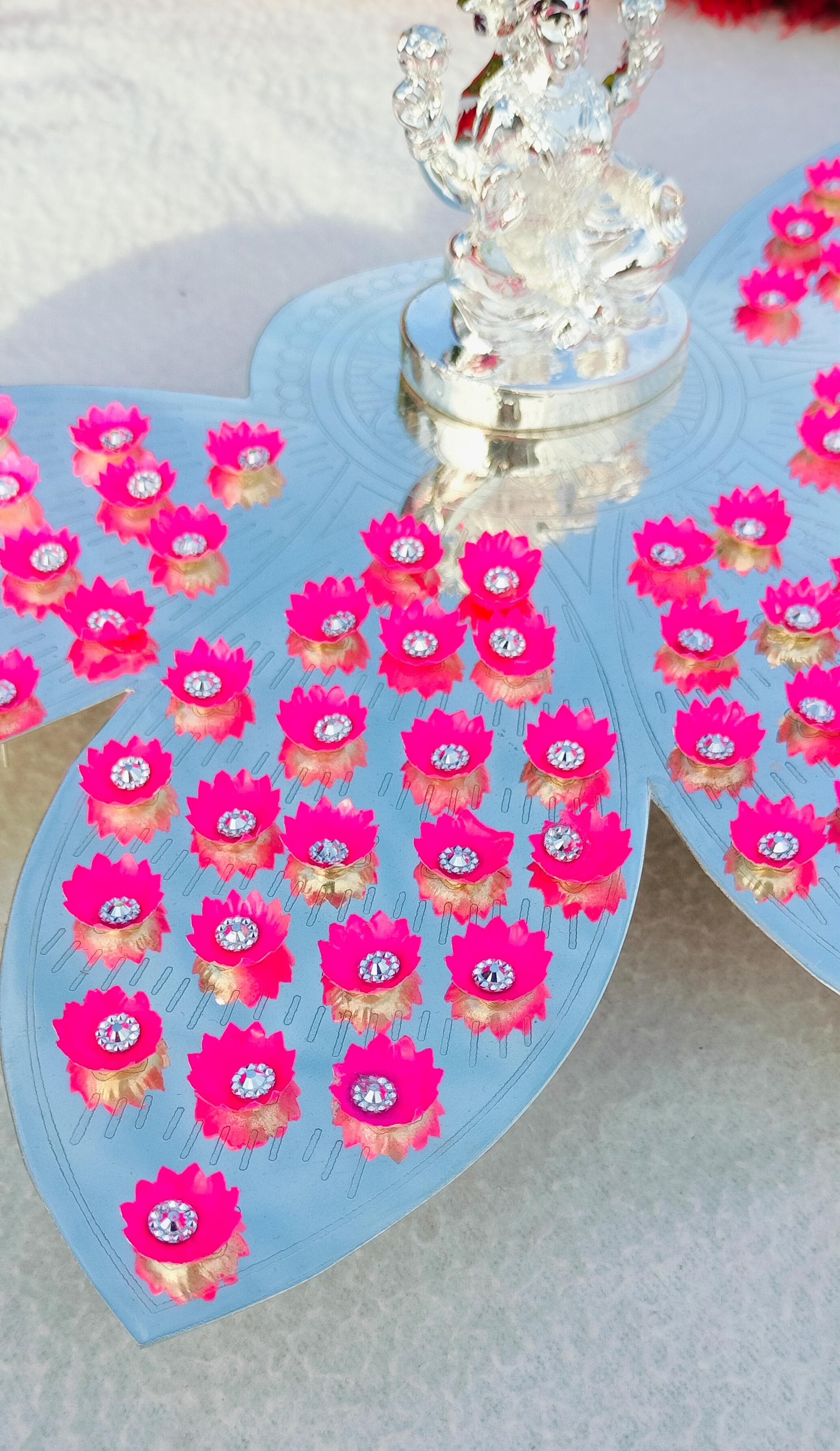 German silver Lotus Petal design Ashtotram stand with 108 pink lotus flower and lakshmi idol